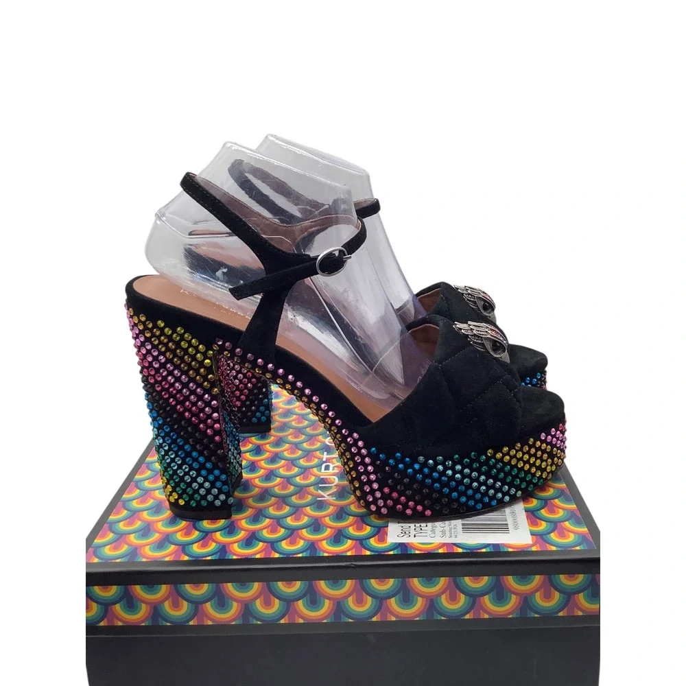 Kurt Geiger London Kensington Platform Sandals Black Suede Rainbow Rhinestone